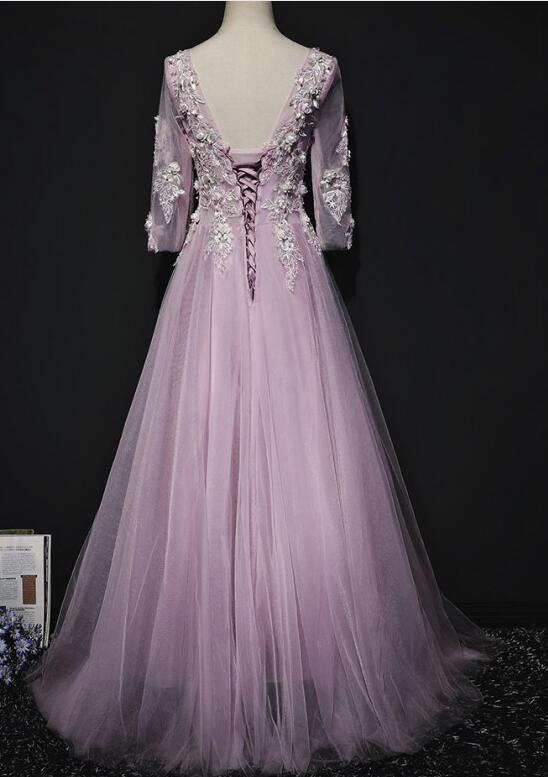 Rosa Langarm Tüll mit Blumen V-Ausschnitt Ballkleid, A-Linie Rosa Brautjungfernkleid Partykleid cg21372