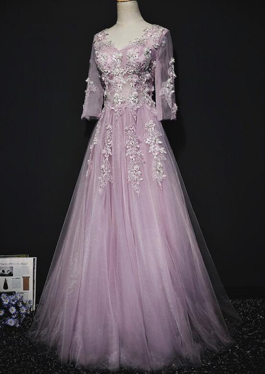 Rosa Langarm Tüll mit Blumen V-Ausschnitt Ballkleid, A-Linie Rosa Brautjungfernkleid Partykleid cg21372
