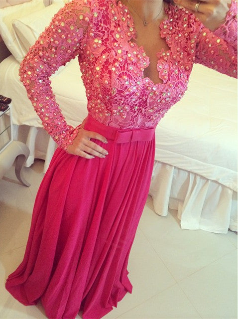 Gergeous Long Sleeve Prom Dress, Elegant Beaded Pearls Long Evening Dress cg21386