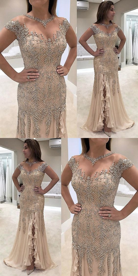 Sheath Prom Dresses,Round Neck Prom Dresses,Light Champagne Prom Dresses cg21387