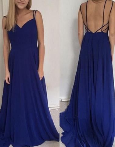 Einfaches blaues V-Ausschnitt Spaghettiträger Rückenfreies Sweep Schleppe Langes Abendkleid Ballkleid cg2140