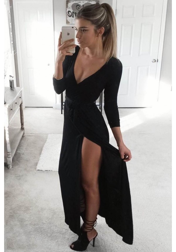 Black maxi dress with long sleeves and leg slit prom dress evening dress cg21417