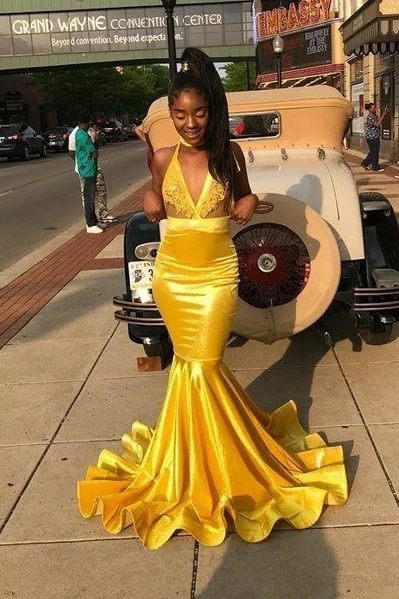 Gelbes, figurbetontes Meerjungfrau-Ballkleid lang mit Applikationen cg21424