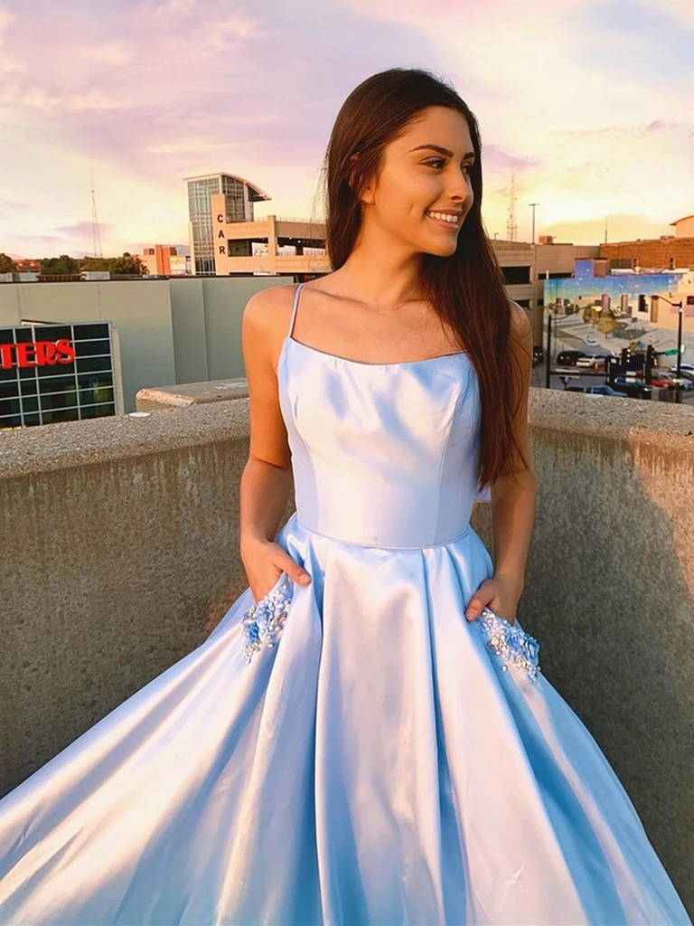 Backless Light Blue Long Prom Dresses with Pocket, Long Light Blue Formal Evening Dresses cg21425