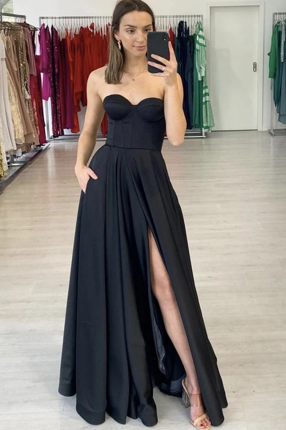 Black satin long A line prom dress black evening dress cg21432