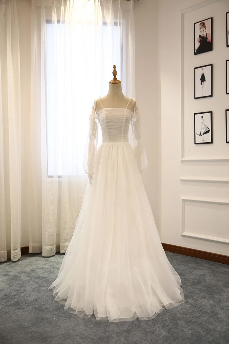 Schlichtes langes Ballkleid aus weißem Tüll, weißes Brautjungfernkleid aus Tüll, cg21434