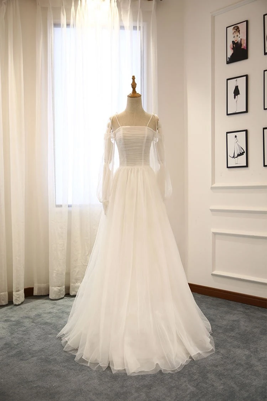 Schlichtes langes Ballkleid aus weißem Tüll, weißes Brautjungfernkleid aus Tüll, cg21434
