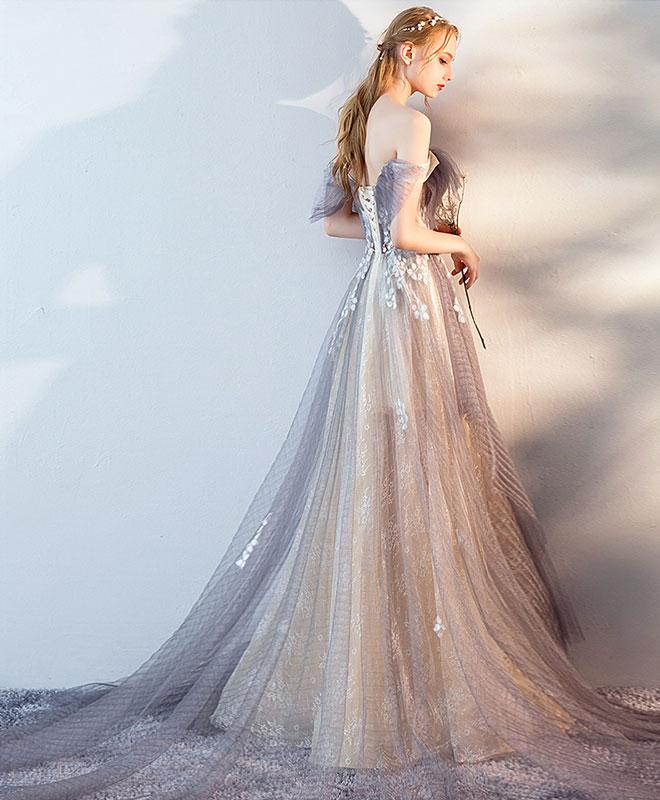 Langes Ballkleid aus grauem Tüll, Abendkleid aus grauem Tüll cg21445