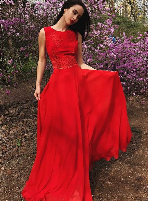 Two Piece Round Neck Red Chiffon Prom Dress with Appliques,A Line Formal Evening dress cg21449