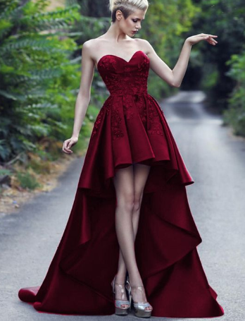 High Low Ballkleider, Burgunderrote Ballkleider, asymmetrisches Ballkleid cg2146