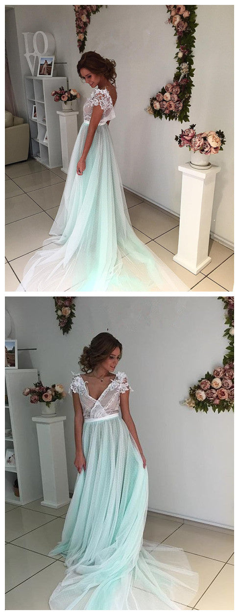 Ballkleid, Sexy V-Ausschnitt Ballkleider, Kurzarm Abendkleid A-Linie Sweep Train cg21482