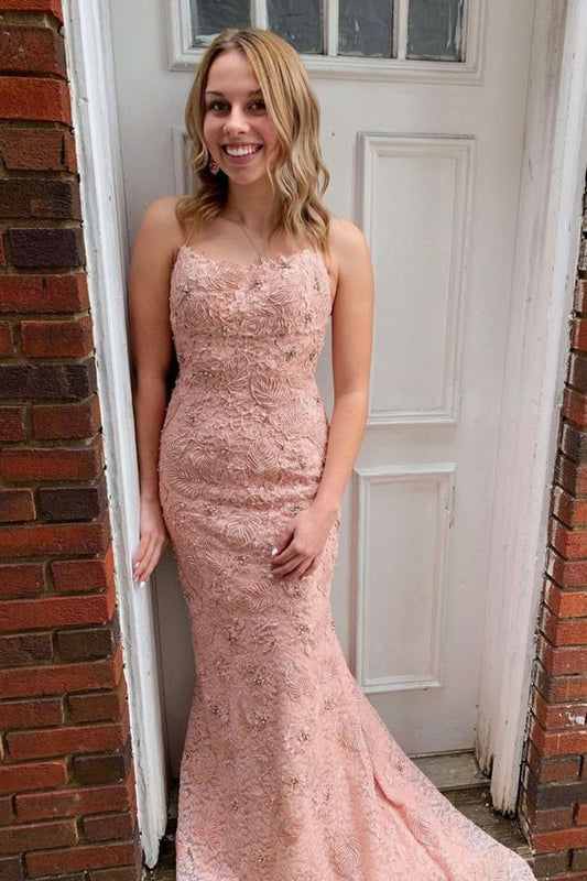 2022 Spaghettiträger Meerjungfrau Blush Pink Spitze langes Ballkleid cg21521