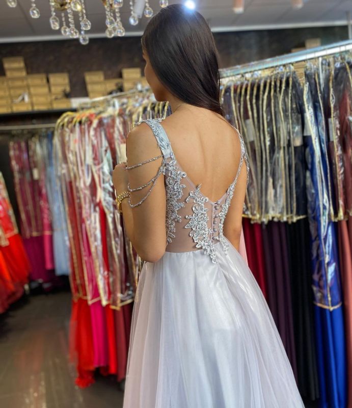 Damen Abendkleid A-Linie mit Spitze, ärmellos, lang, Silber, cg21523