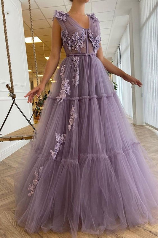 Mauve Lila V-Ausschnitt Tüll Boho Ballkleider lang mit Spitzenkleid cg21553