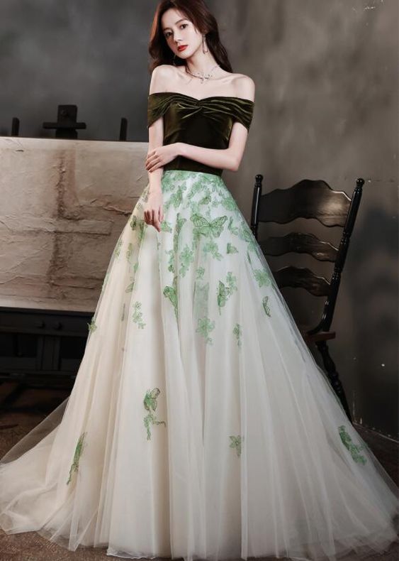 Charming Tulle And Velvet With Flower Applique Long Formal prom Gown, Off Soulder Eevning Dresses cg21568