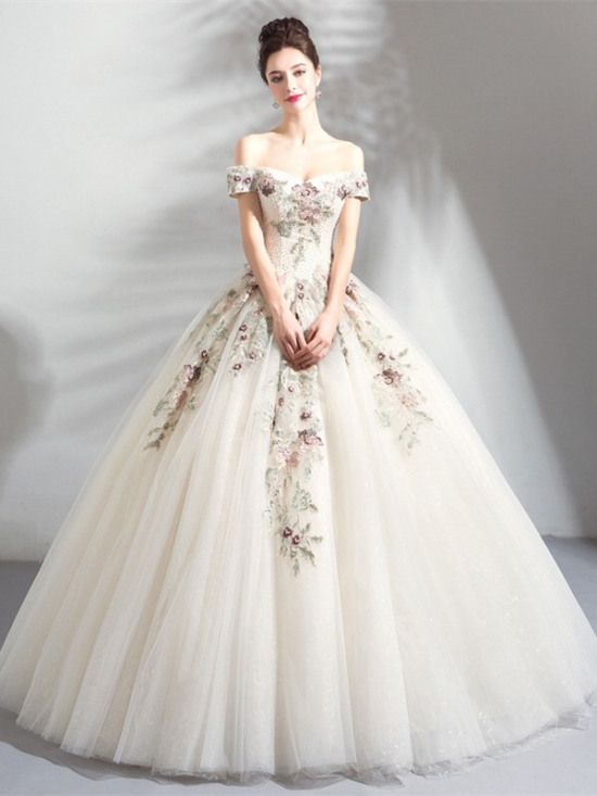 champagne embroidery flower princess wedding dress prom Dresses cg2156 classygown champagne embroidery flower princess wedding dress prom Dresses cg2156 classygown