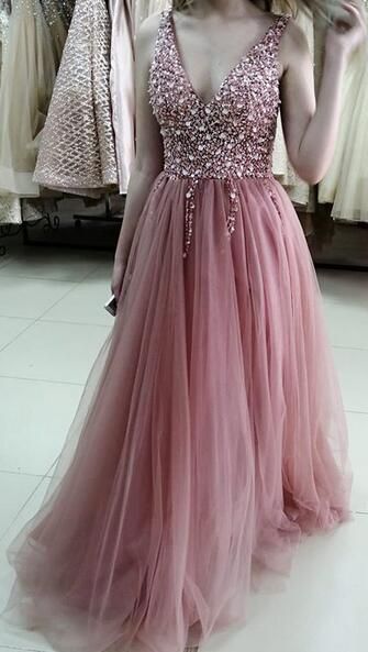 Wunderschöne V-Ausschnitt Perlen Blush Pink Lange Abendkleider Ballkleider cg2159