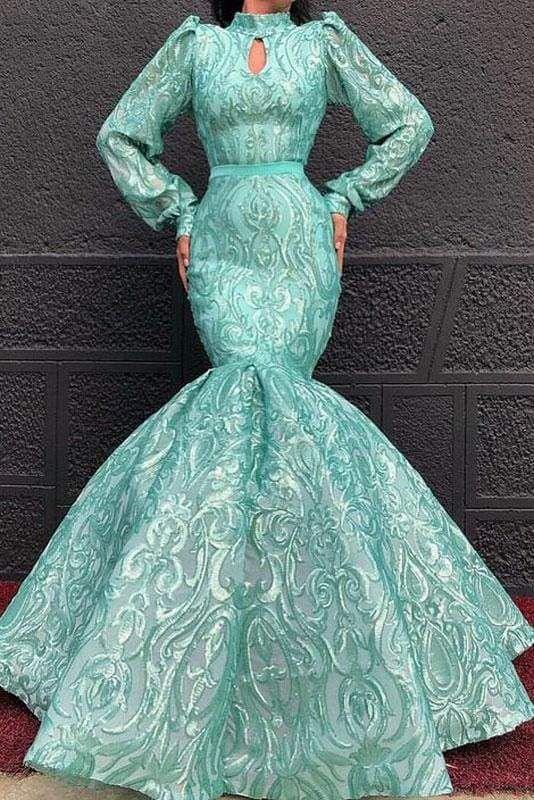 Schickes Meerjungfrau-Ballkleid mit hohem Halsausschnitt und langen Ärmeln und Spitze, cg21600