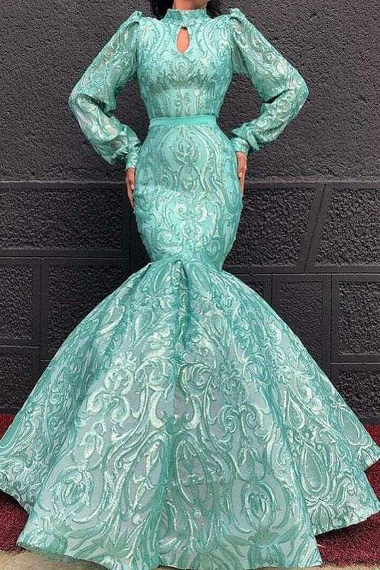 Schickes Meerjungfrau-Ballkleid mit hohem Halsausschnitt und langen Ärmeln und Spitze, cg21600