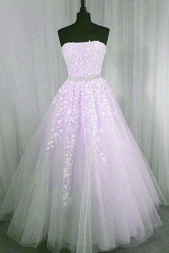 Light Purple Tulle Strapless Lace Applique Long Formal prom Gown cg21622