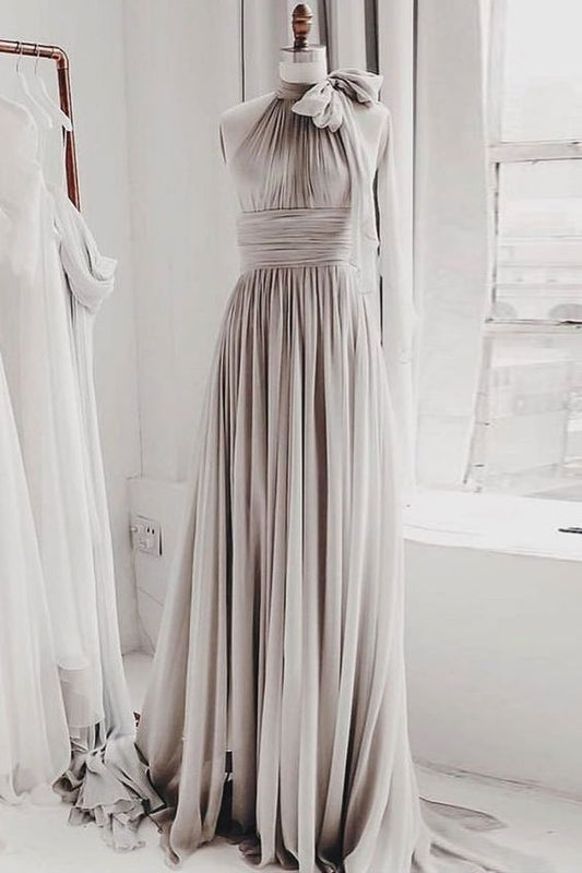 Schlichtes, langes, graues Chiffon-Ballkleid, graues Brautjungfernkleid cg21627