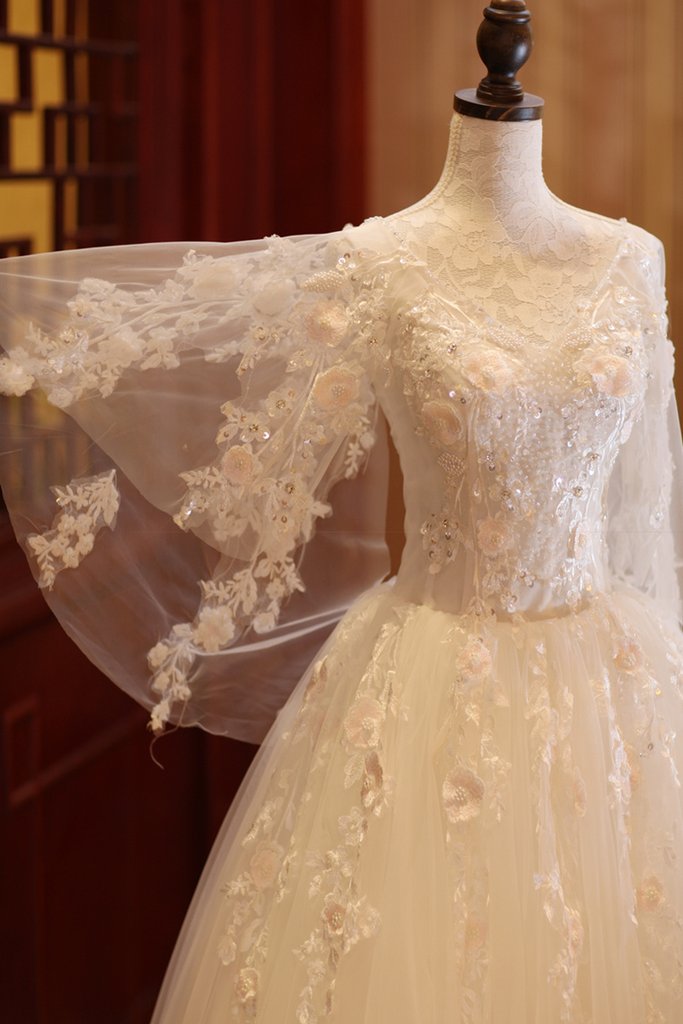 Bezauberndes wunderschönes elfenbeinfarbenes Tüllkleid mit Blumen, langes Hochzeitspartykleid, Tüll schlichtes Hochzeitskleid, Abschlussballkleid, Partykleid cg21630