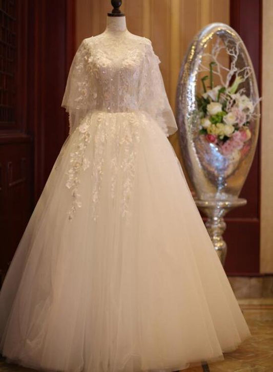 Bezauberndes wunderschönes elfenbeinfarbenes Tüllkleid mit Blumen, langes Hochzeitspartykleid, Tüll schlichtes Hochzeitskleid, Abschlussballkleid, Partykleid cg21630