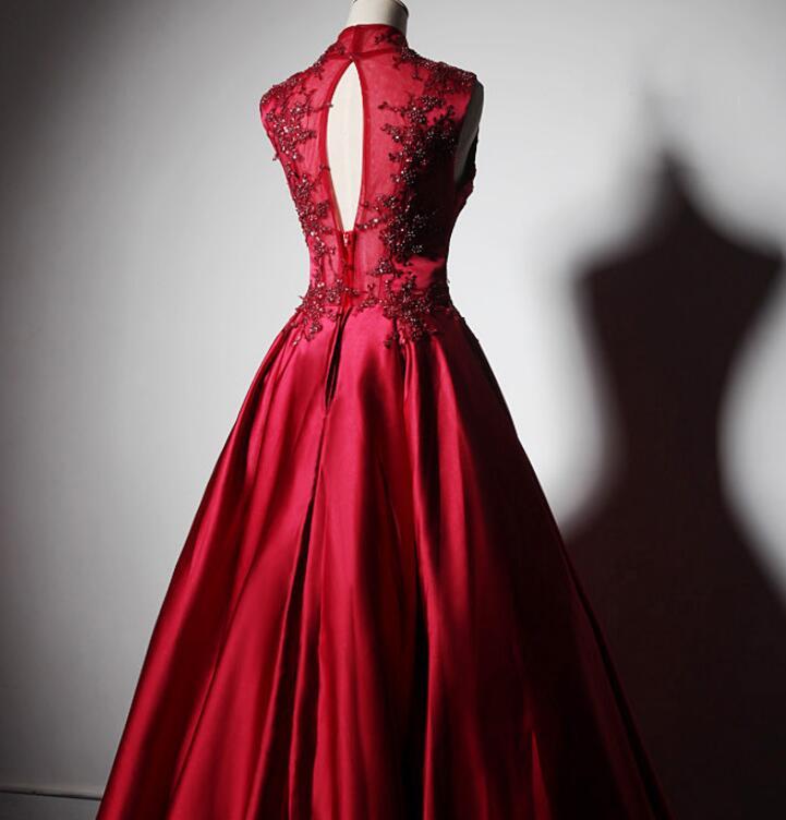 Weinrotes langes Partykleid mit Satinspitze und Perlen, hoher Ausschnitt, dunkelrotes bodenlanges Ballkleid cg21675