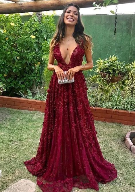 Luxurious A-Line V Neck Burgundy Lace Long Prom Evening Dresses cg21684