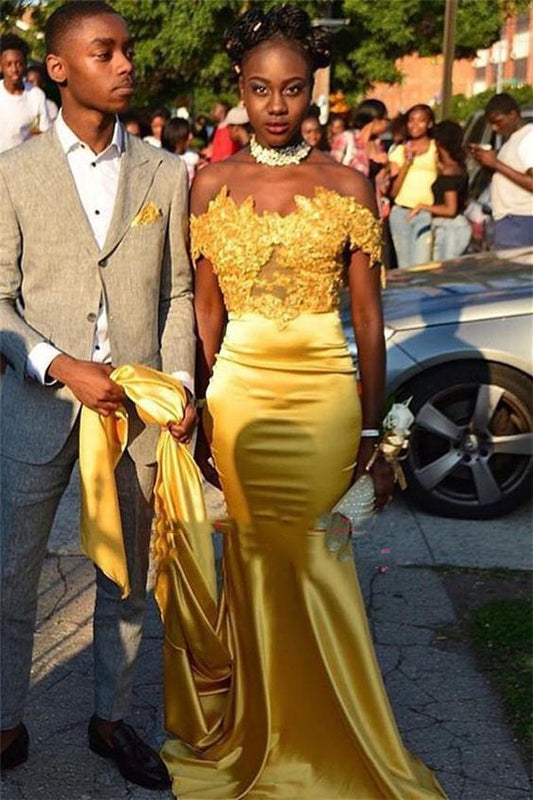 Sexy Gold Off Schulter Elastische Satin Flügelärmeln Lange Ballkleider Mit Applikationen cg21687