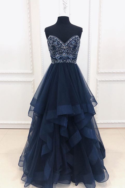 Marineblaues langes formelles Abendkleid, Perlenbesetztes Ballkleid cg2169