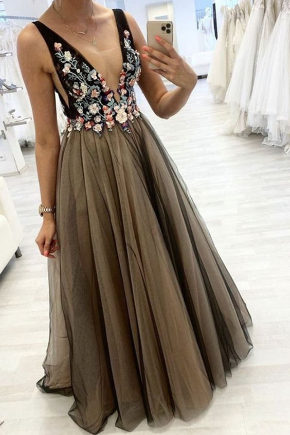 A-line black tulle long formal dress with floral embroidery prom dress classygown A-line black tulle long formal dress with floral embroidery prom dress classygown