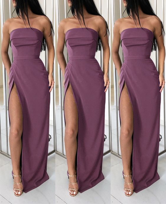 Ballkleider Einfaches malvenfarbenes trägerloses Brautjungfernkleid aus Satin mit Schlitz cg21702