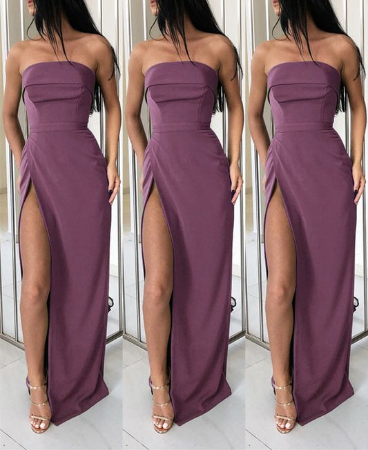 Ballkleider Einfaches malvenfarbenes trägerloses Brautjungfernkleid aus Satin mit Schlitz cg21702