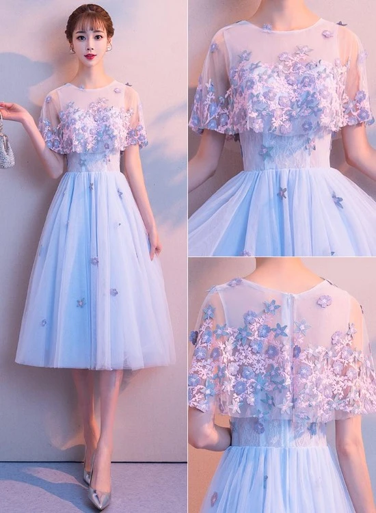 Light Blue Flowers Tulle Short Homecoming Dress cg21724