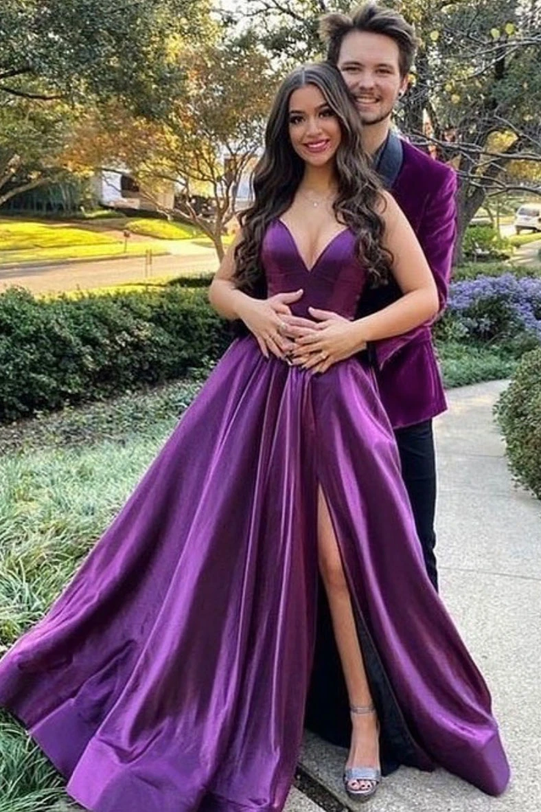 Simple purple v neck satin long prom dress purple formal dress cg21729 classygown