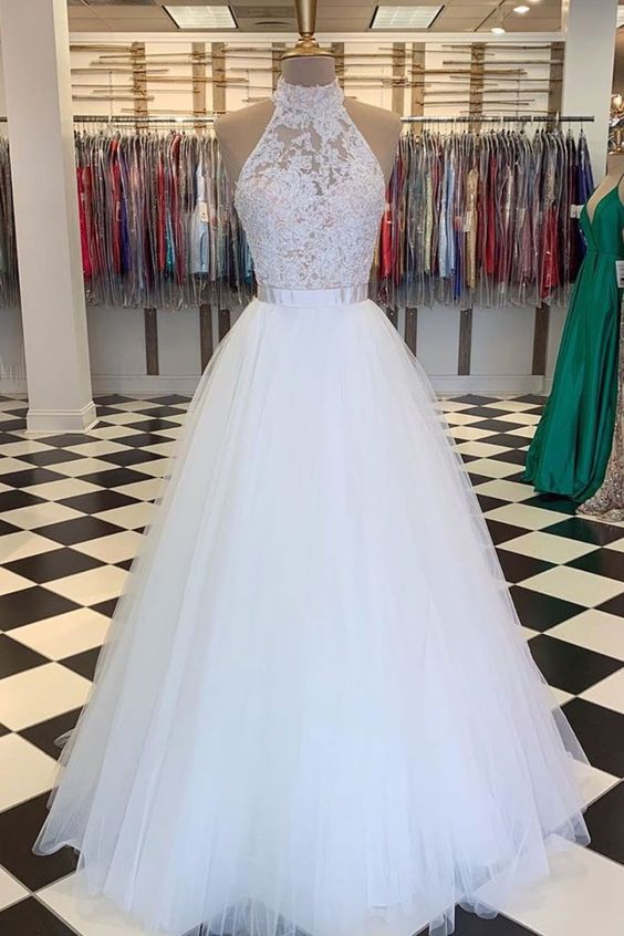 White High Neck Tulle Lace Long Prom Dress White Lace Evening Dress cg21737