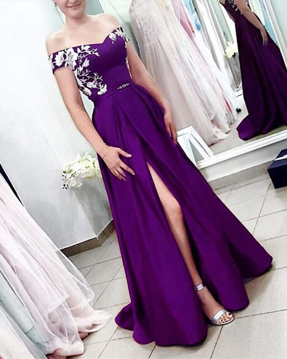 Long Split Prom Dresses Off Shoulder Lace Embroidery cg21757