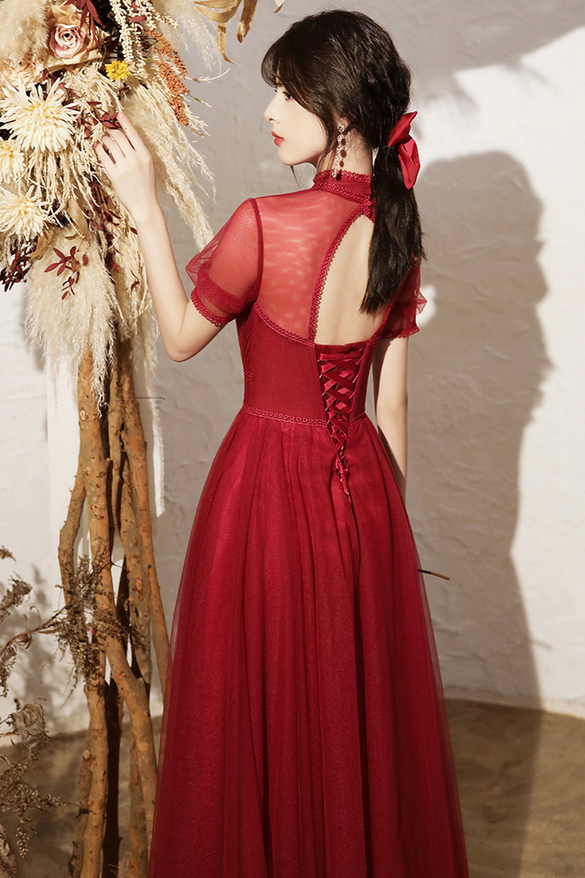 BURGUNDY TULLE LONG A LINE PROM DRESS EVENING DRESS cg21762