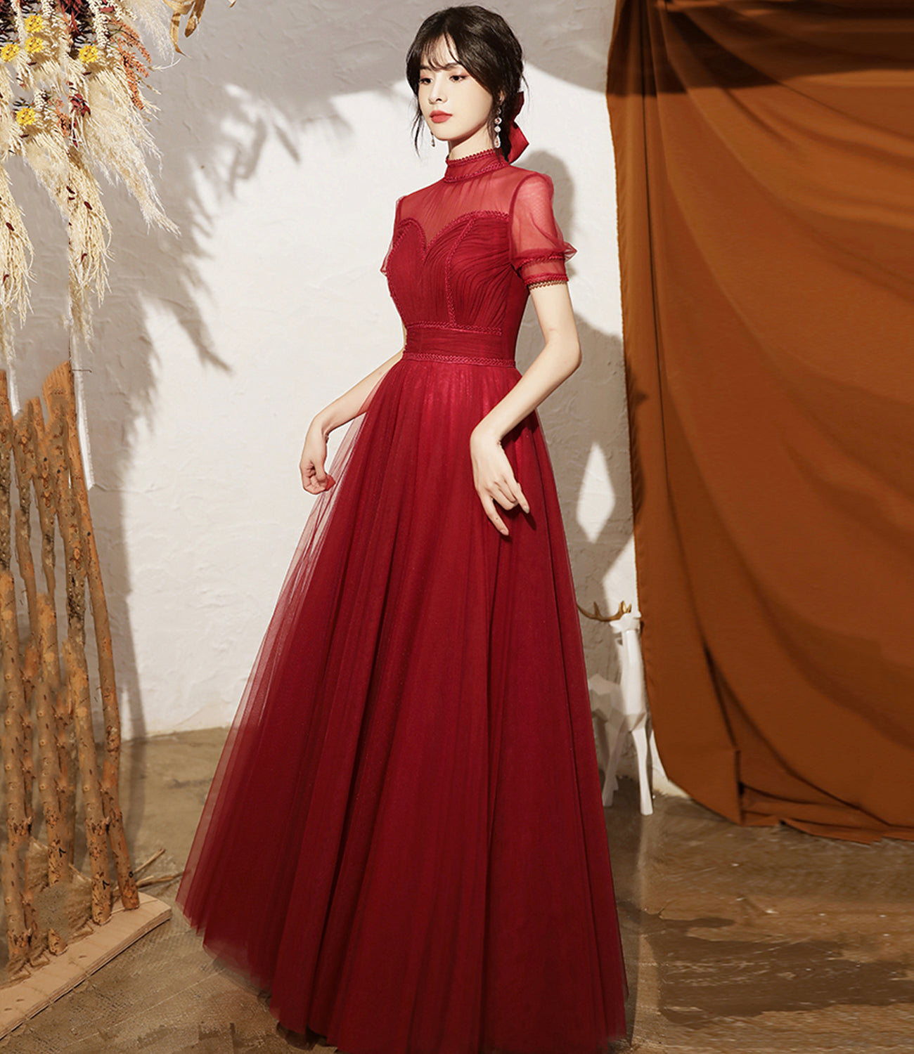 BURGUNDY TULLE LONG A LINE PROM DRESS EVENING DRESS cg21762