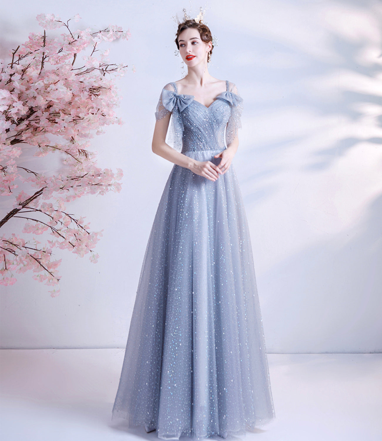 GRAY TULLE SEQUINS LONG A LINE PROM DRESS EVENING DRESS cg21764