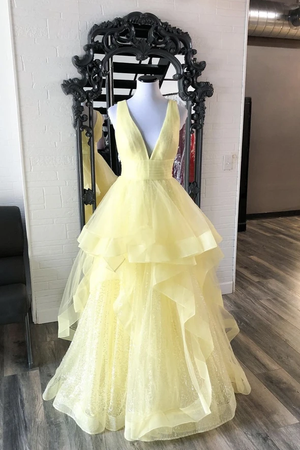 Gelbes langes A-Linien-Ballkleid mit Pailletten aus Tüll, Abendkleid cg21779