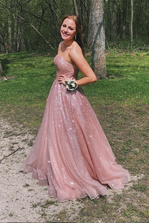 Pink tulle sequins long A line prom dress evening dress cg21781