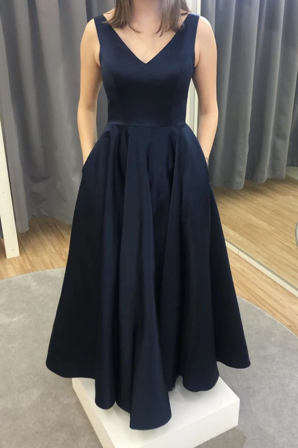 Blue v neck satin long A line prom dress evening dress cg21782