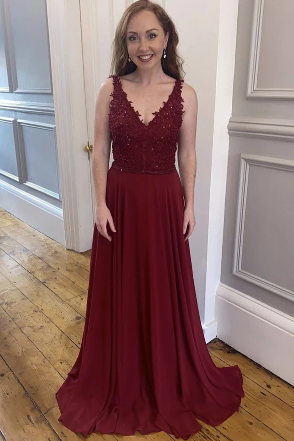 Burgundy lace long A line prom dress evening dress cg21788