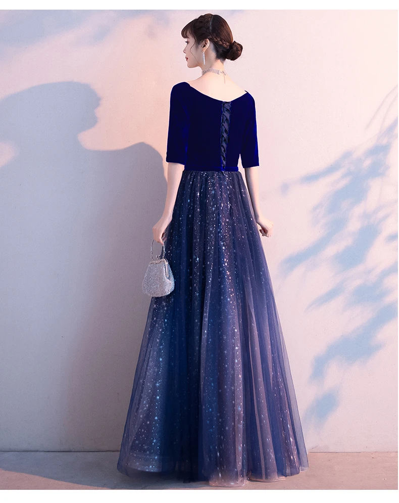 Marineblaues Samtkleid mit kurzen Ärmeln und glänzendem Tüll, langes Party-Abschlussballkleid, blaues Brautjungfernkleid, Abschlussballkleid cg21789