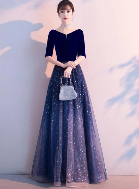 Marineblaues Samtkleid mit kurzen Ärmeln und glänzendem Tüll, langes Party-Abschlussballkleid, blaues Brautjungfernkleid, Abschlussballkleid cg21789