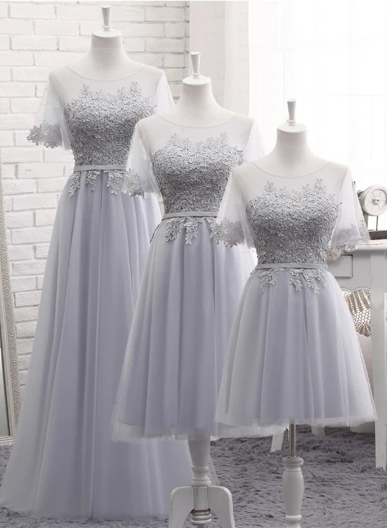 Grey Tulle With Lovely Lace Applique Wedding Party Dress, Grey Tulle A-Line Prom Dress Formal Dress cg21791