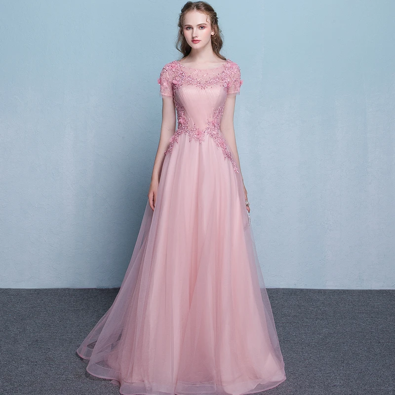Lovely Pink Tulle Long Flowers And Lace Applique Long Formal Gown prom Dress cg21793