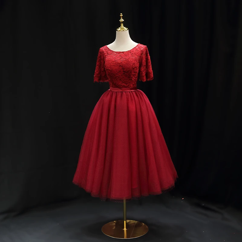 Red Lace Top Short Sleeves Tulle Tea Length Party Dress, Red Wedding Party Dress Homecoming Dress cg21794